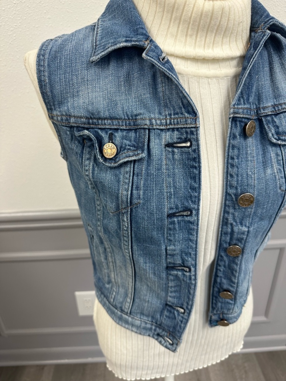 J Crew Classic Blue Sleeveless Denim Vest with Yellow Fabric Back (1022) - Picture 2 of 10